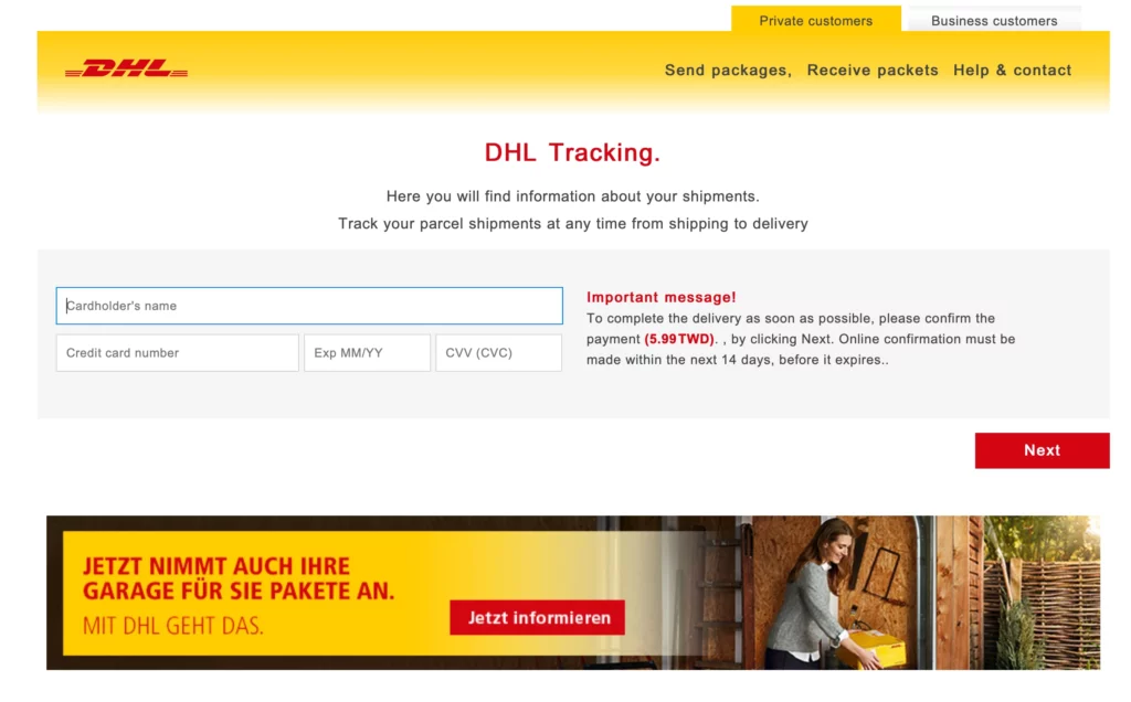 DHL Scam website required Credit Card Number