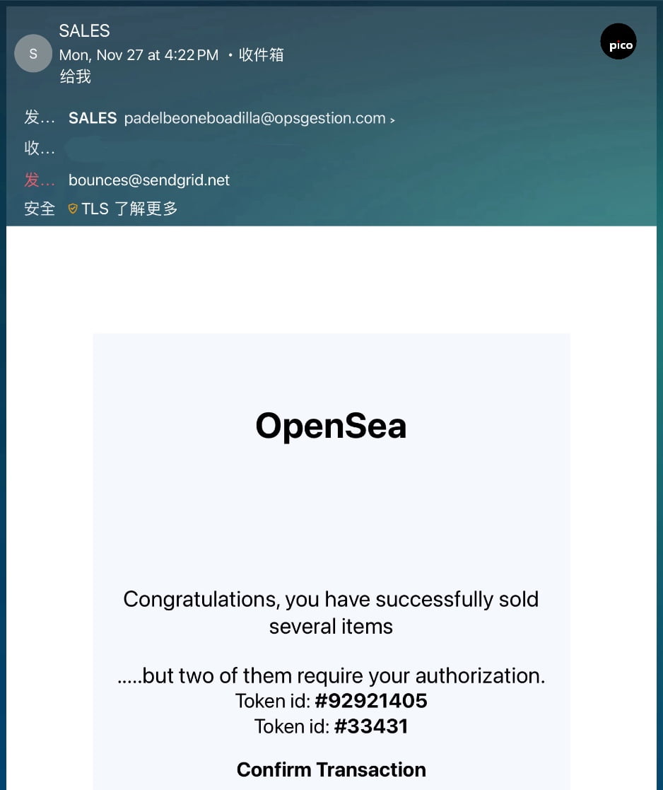 OpenSea 郵件詐騙 ITEM SOLD